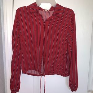 Red and White Striped with Blue Button Up Shirt